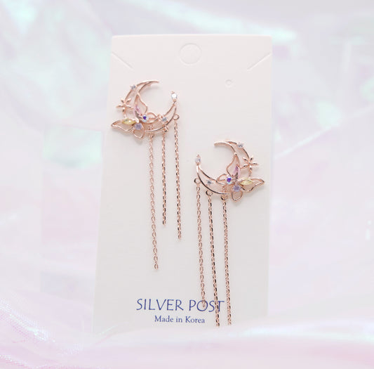Crescent Moon Butterfly Long Chain Korean Earrings