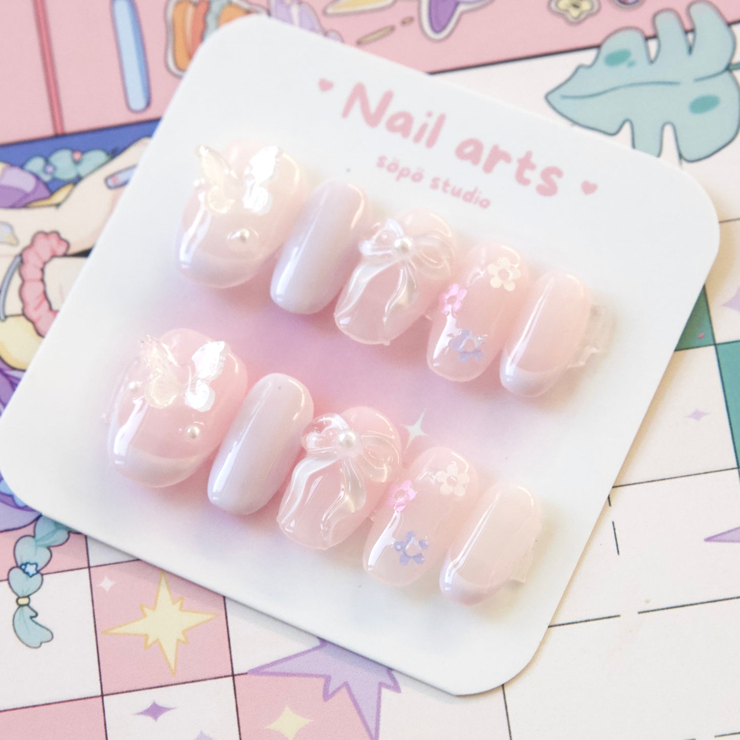 Daily Short Nails Soft Purple Ribbon Y2K Handmade Press-on Nails