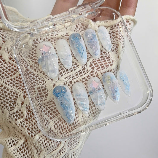 Handmade Y2K Blue Jellyfish 3D Gel Oceanic Press-on Nails