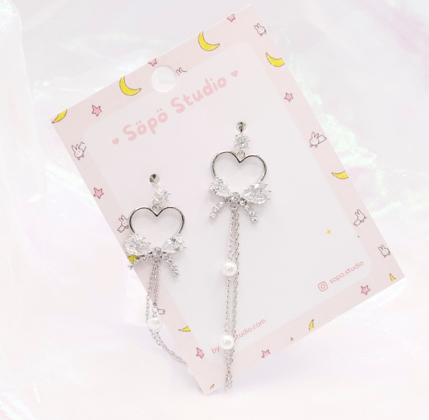 Kawaii Heart Crystal Ribbon Dangle Korean Dainty Style Earrings