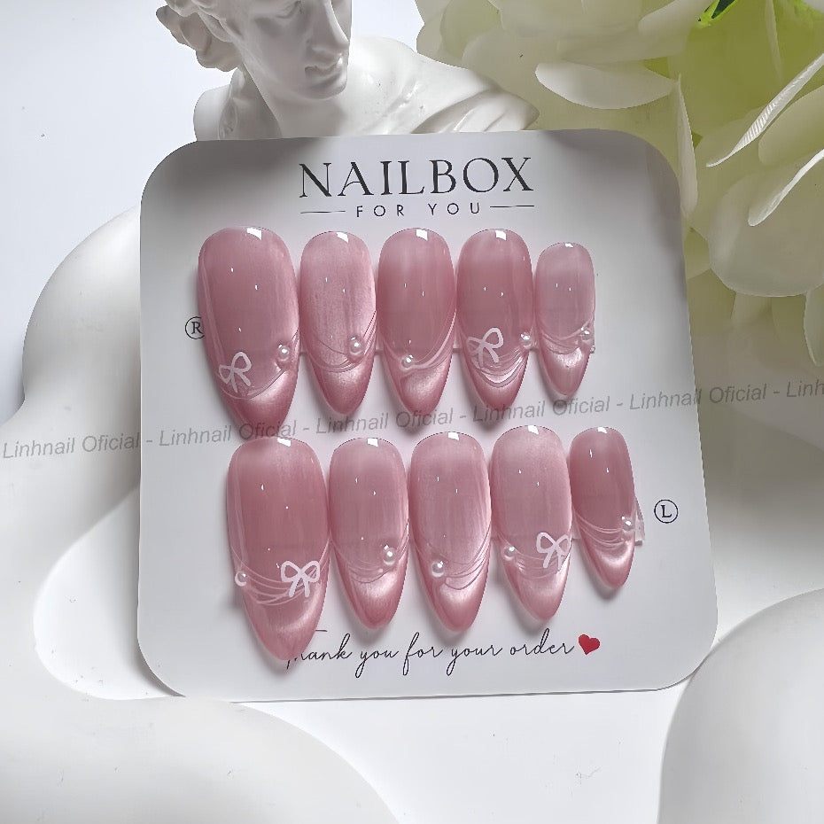 Handmade Pink Korean Style Ribbon Cute Minimalist Press-on Nails