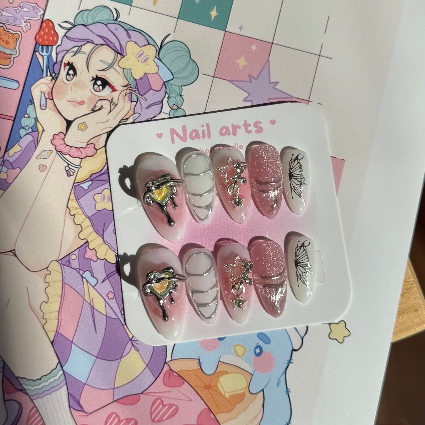 Planet Heart Pastel Pink Cute Handmade Press-on Nails