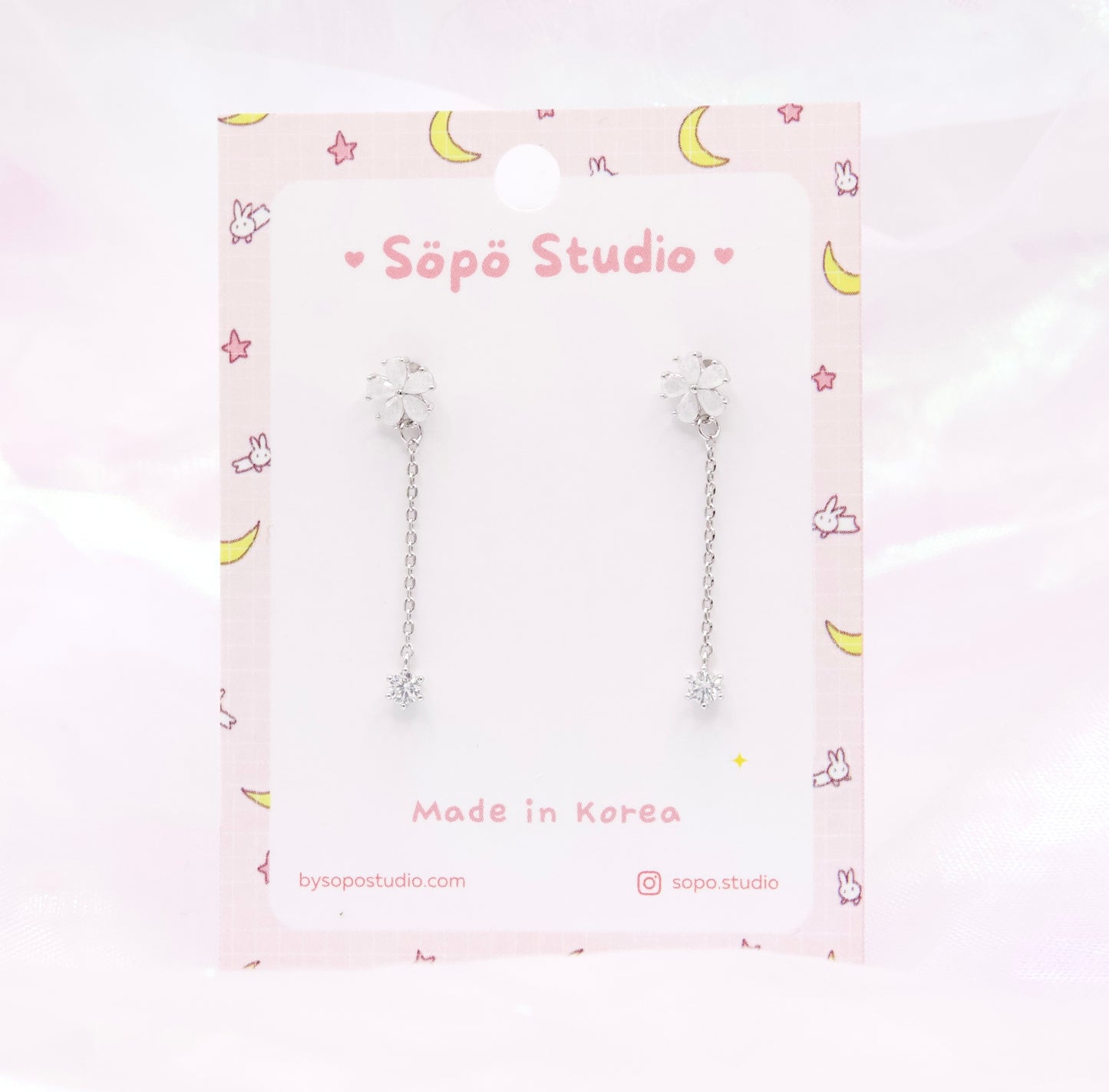 Crystal Petit Flower Chain Drop Dangle Korean Dainty Style Earrings