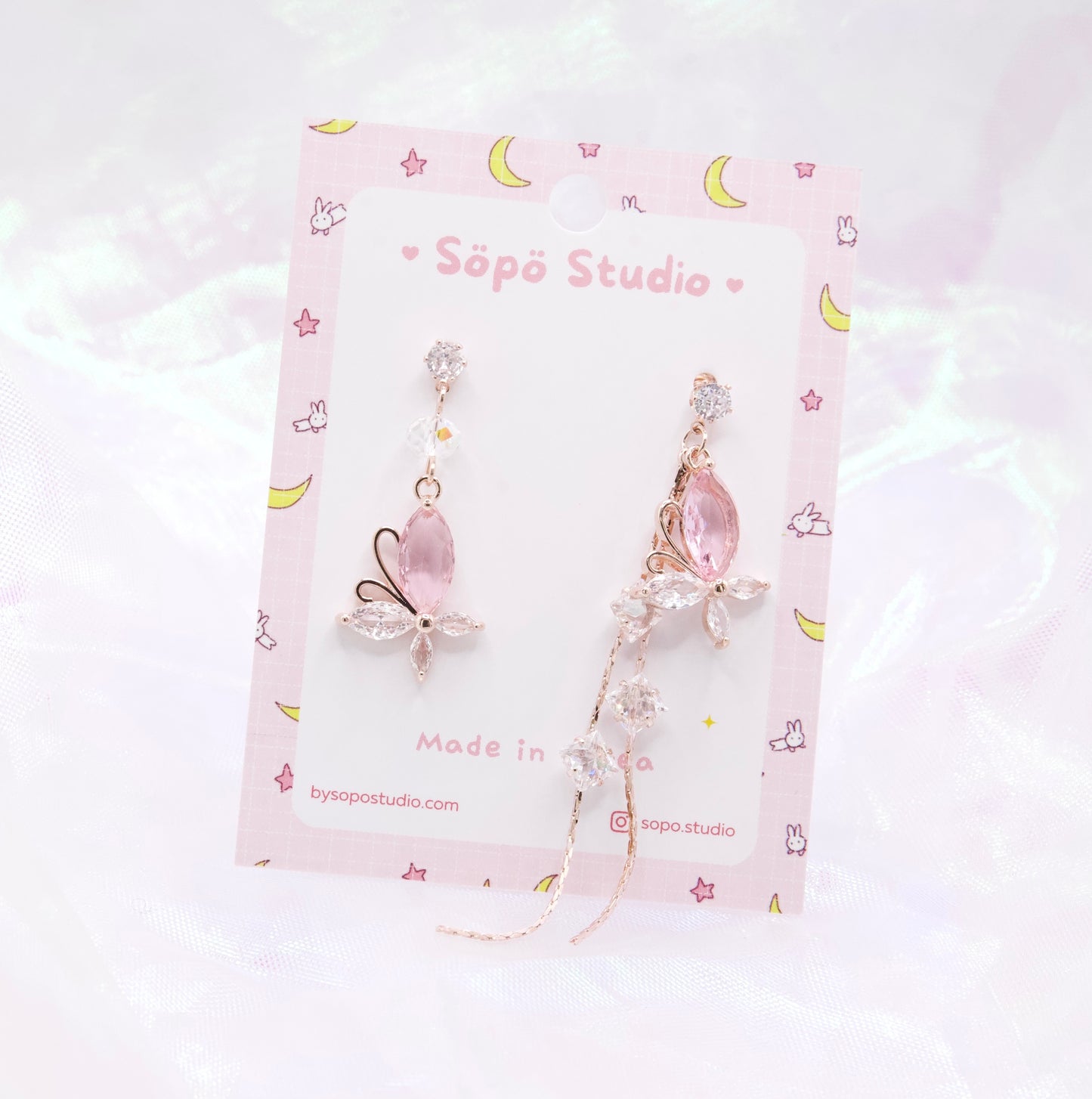 Mis-matched Pastel Pink Butterfly Crystal Korean Earrings
