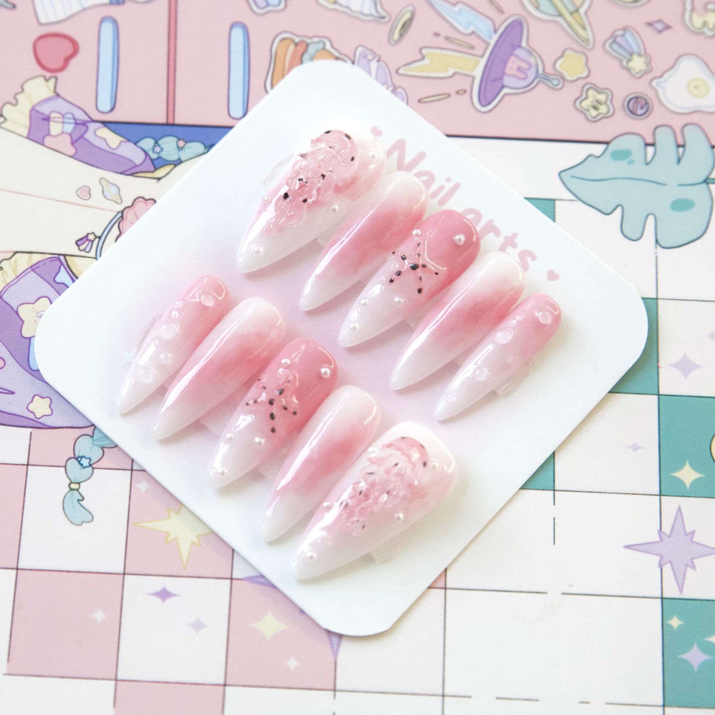 Pink Dot Jellyfish Ocean Themed Hand Draw Handmade Press-on Nails