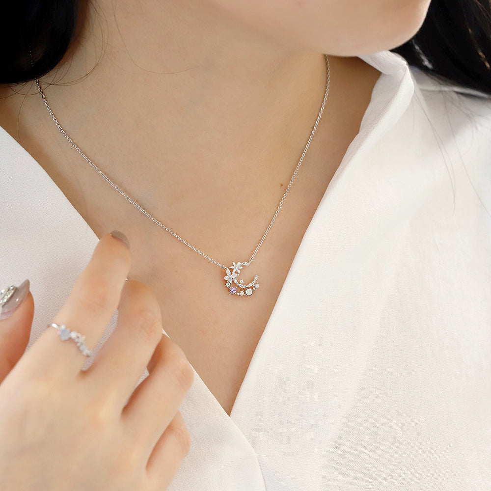 Crystal Stone Moon Elegant Style Korean Necklace - Made in Korea