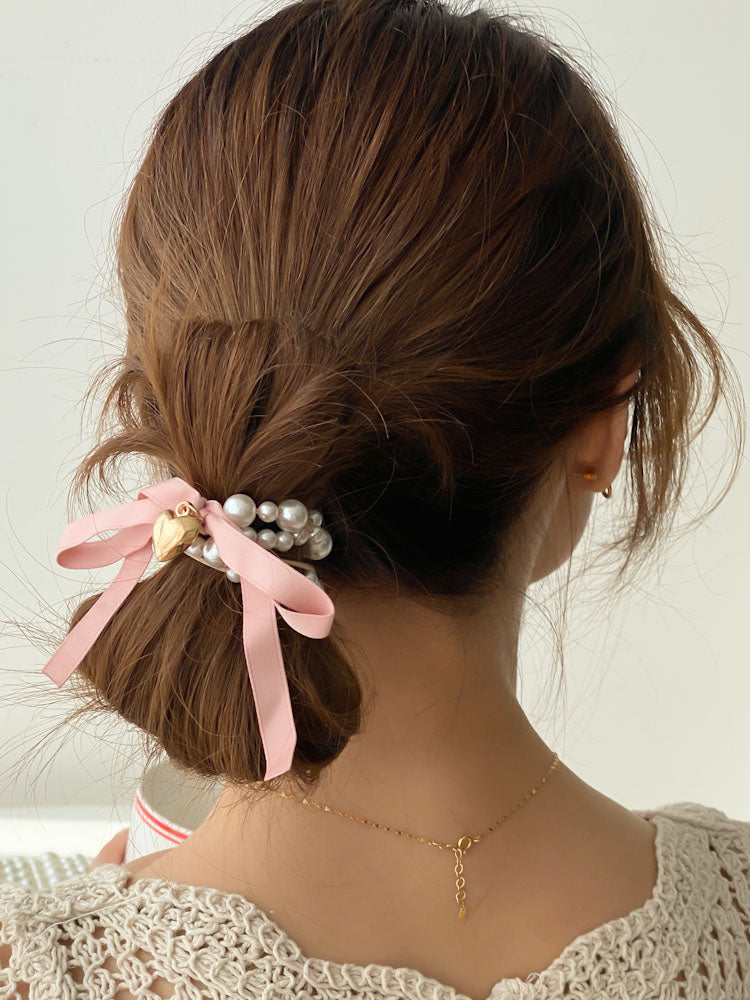 Ribbon Petit Heart Pearl Scrunchie
