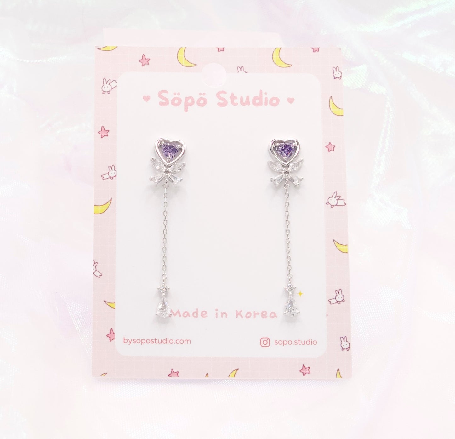 Aurora Purple Crystal Heart Chain Drop Dangle Korean Dainty Style Earrings