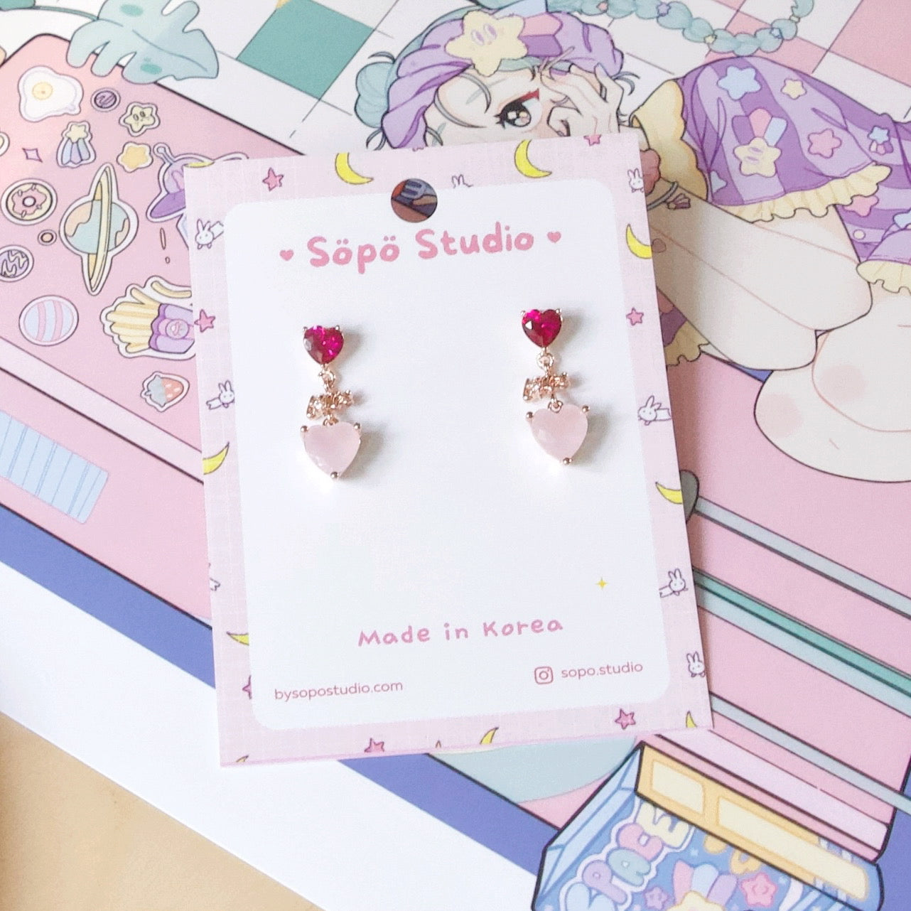 Heart Pink Princess Petit Drop Korean Earrings