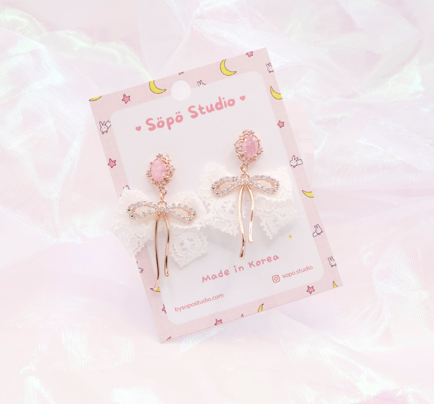 Pastel Pink Stone Laced Ribbon Dangle Korean Earrings