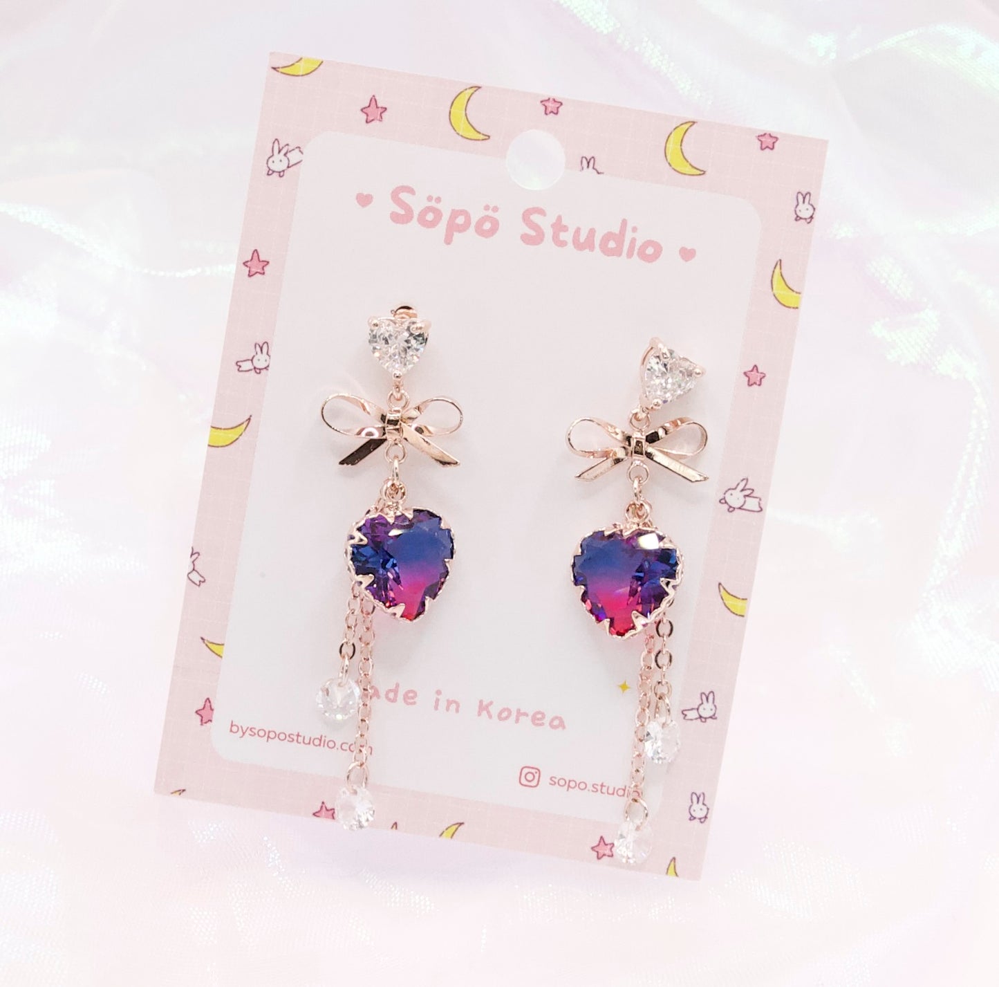 Gradient Blue Purple Heart Bow CZ Kawaii Dangle Korean Dainty Style Earrings