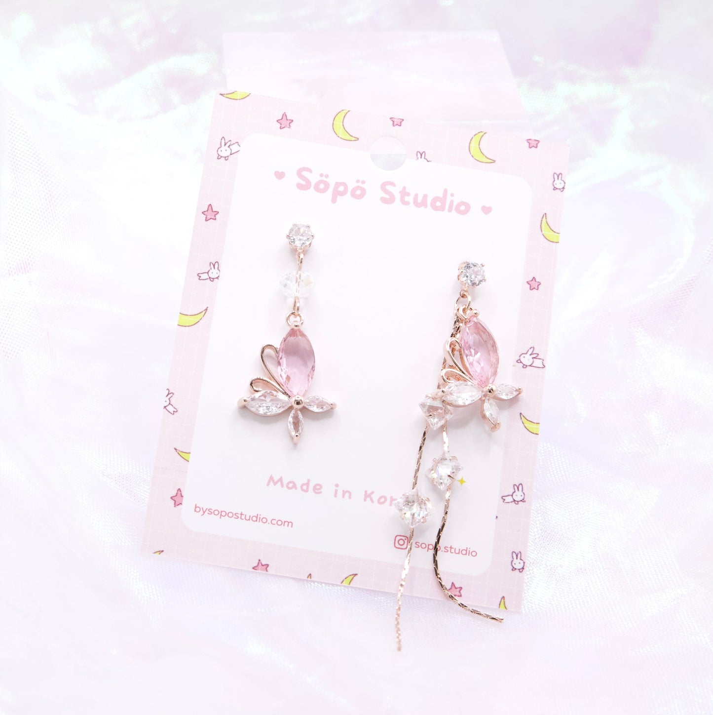 Mis-matched Pastel Pink Butterfly Crystal Korean Earrings