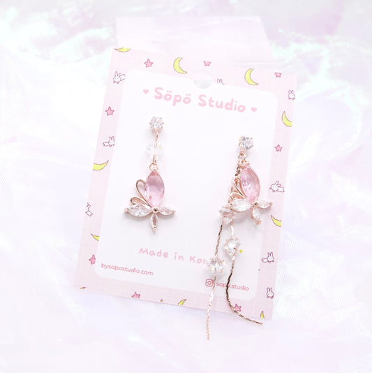 Mis-matched Pastel Pink Butterfly Crystal Korean Earrings