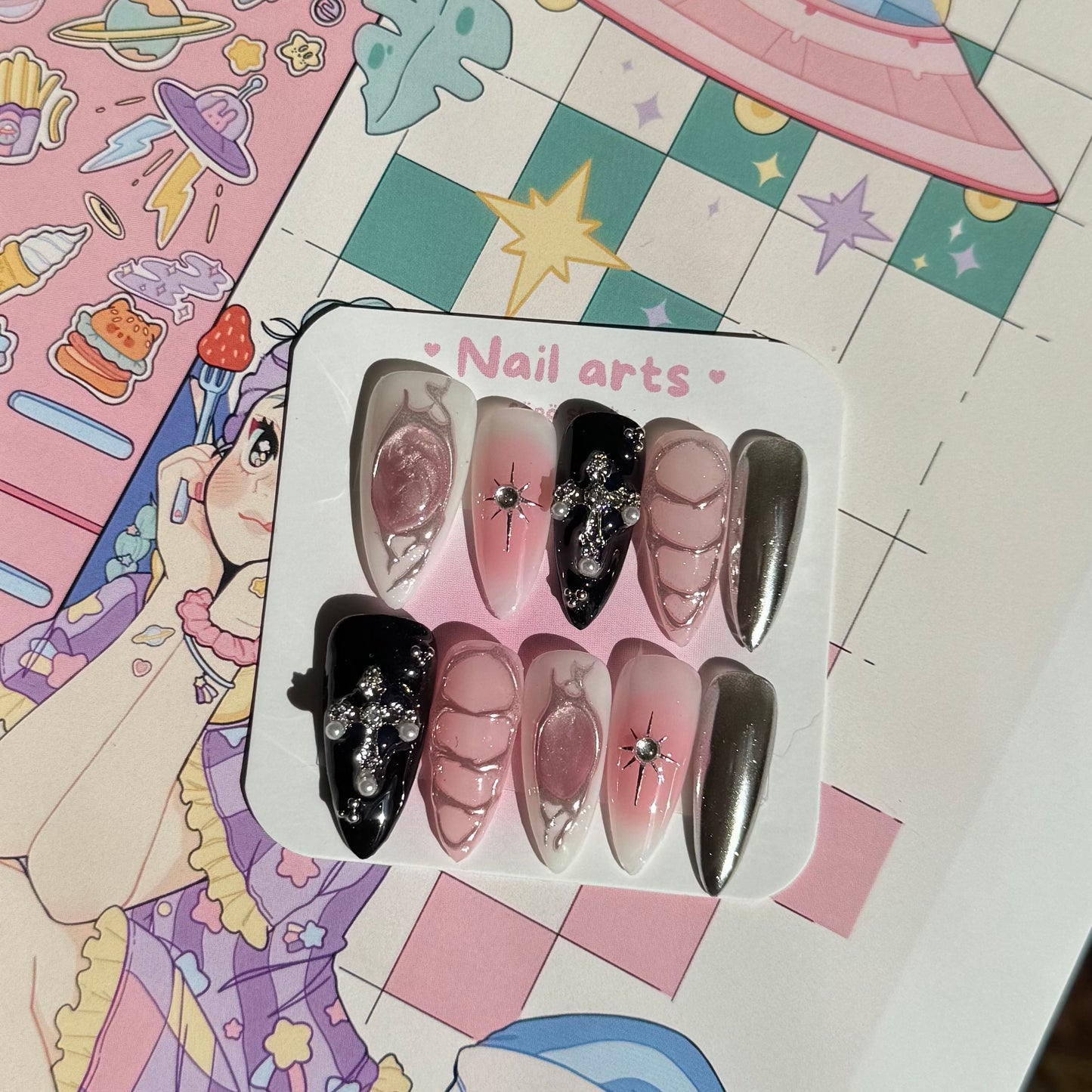 Metalic Star Black Pink Handmade Press-on Nails