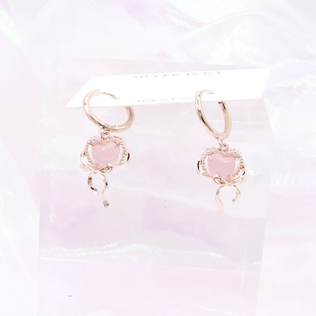 Heart Drop Ribbon Hoop Earrings - 2 colors