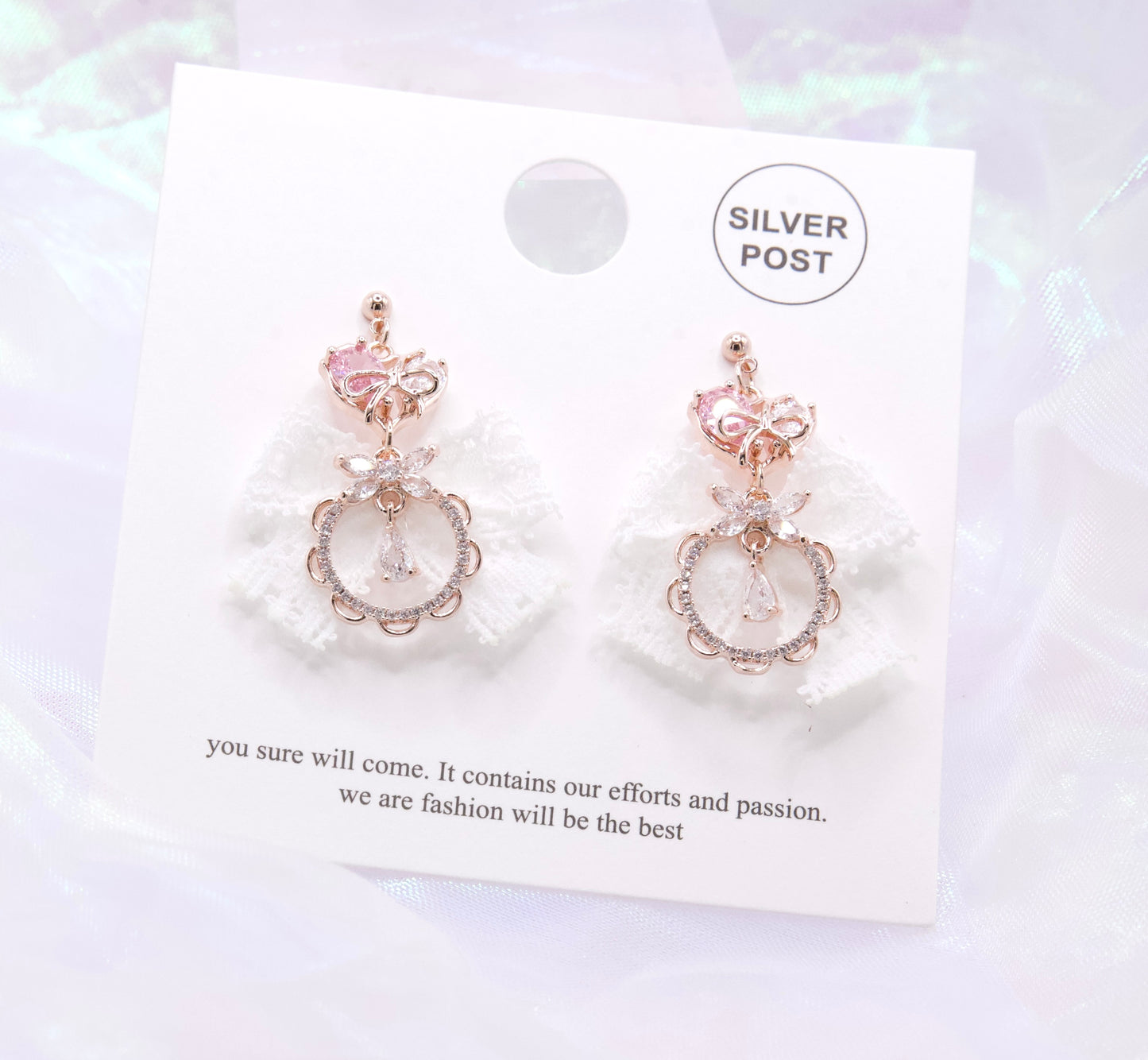Cute Pink Heart Laced Ribbon Dangle Korean Earrings