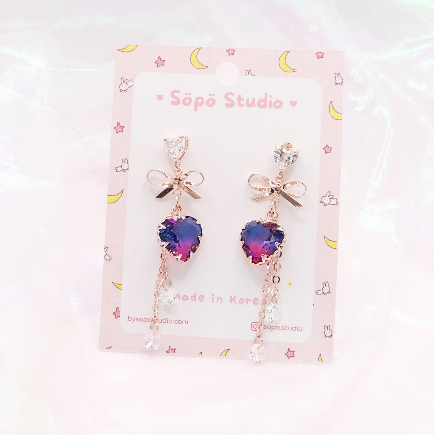 Gradient Blue Purple Heart Bow CZ Kawaii Dangle Korean Dainty Style Earrings
