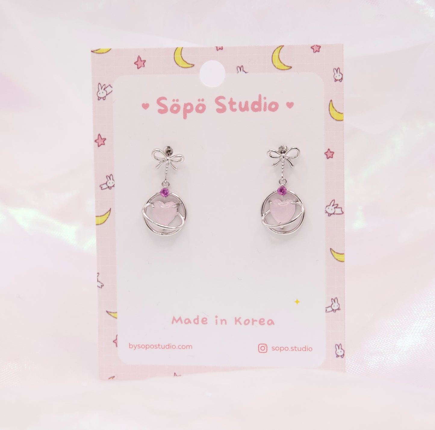Pastel Pink Crystal Heart Planet Dangle Korean Dainty Style Earrings