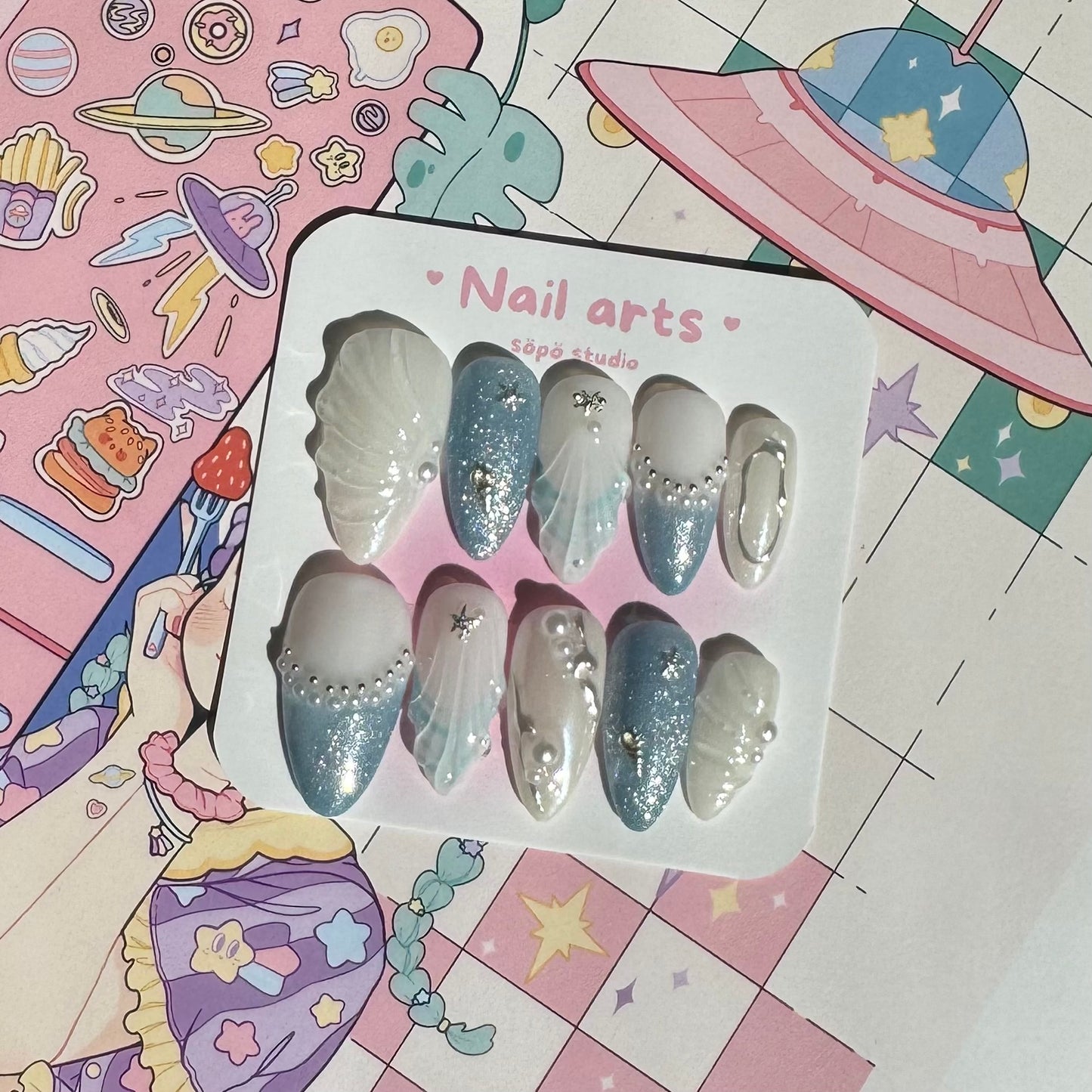 Summer Blue Oceanic Handmade Press-on Nails