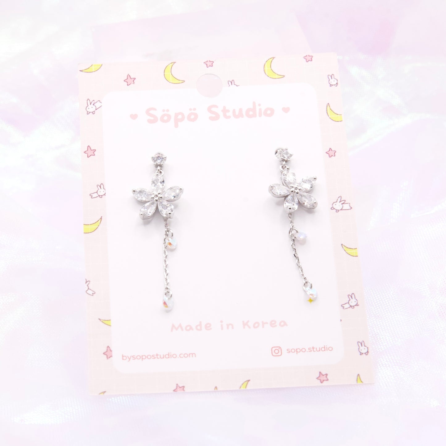 Glass Cubic Flower Chain Drop Korean Earrings