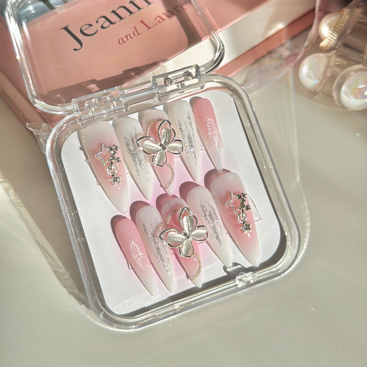 Handmade Pink Silver Butterfly Star Press-on Nails