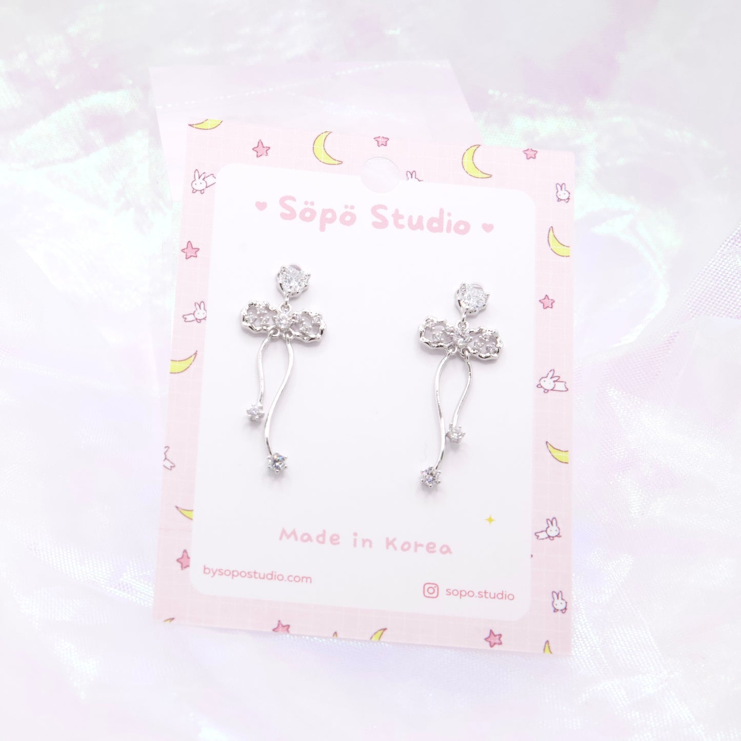 Heart Ribbon Dangle Elegant Bridal Korean Earrings