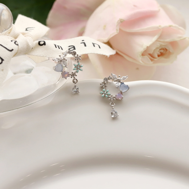 Heart Flower Pastel Blue Elegant Studs Korean Earrings