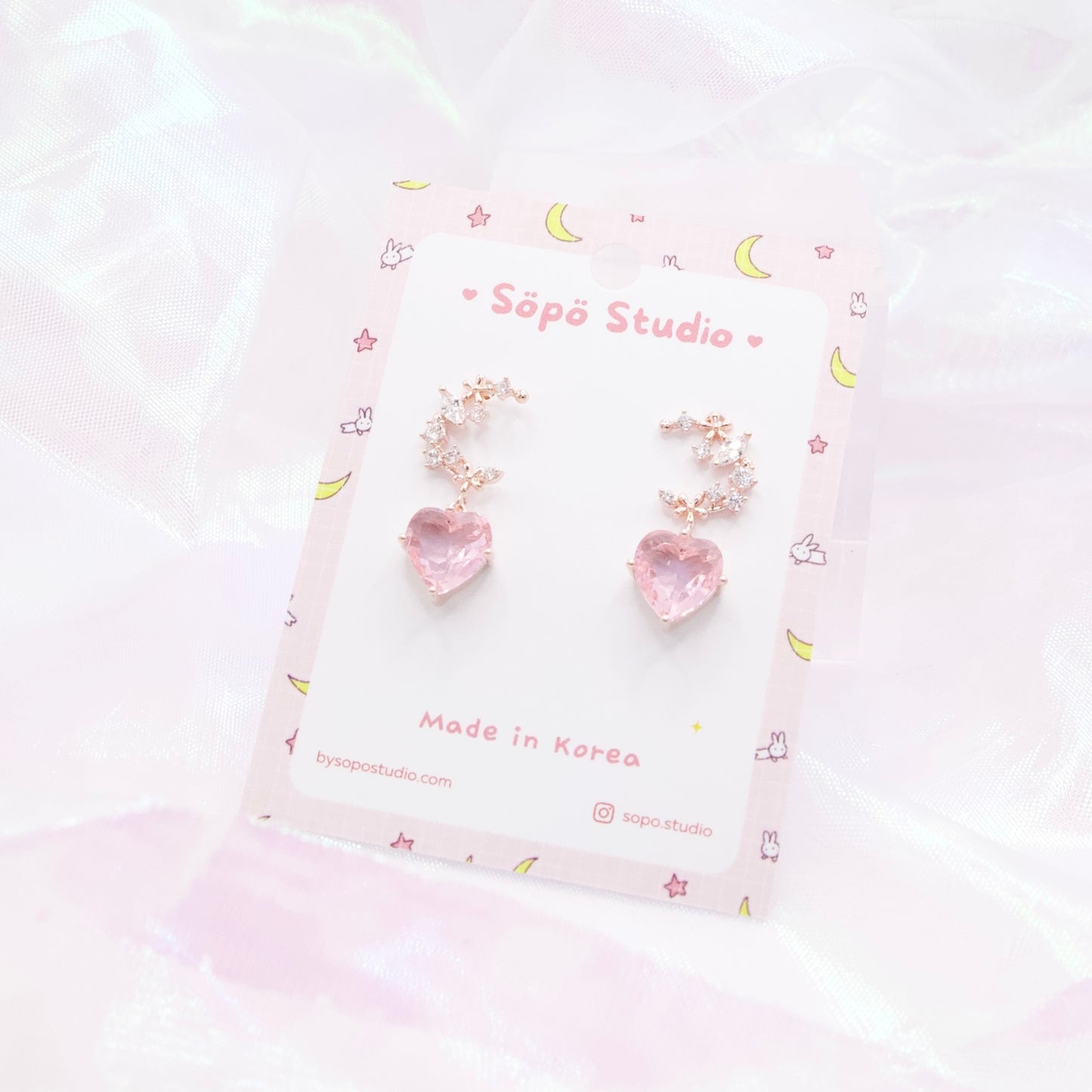 Moon Pink Heart Drop Korean Earrings