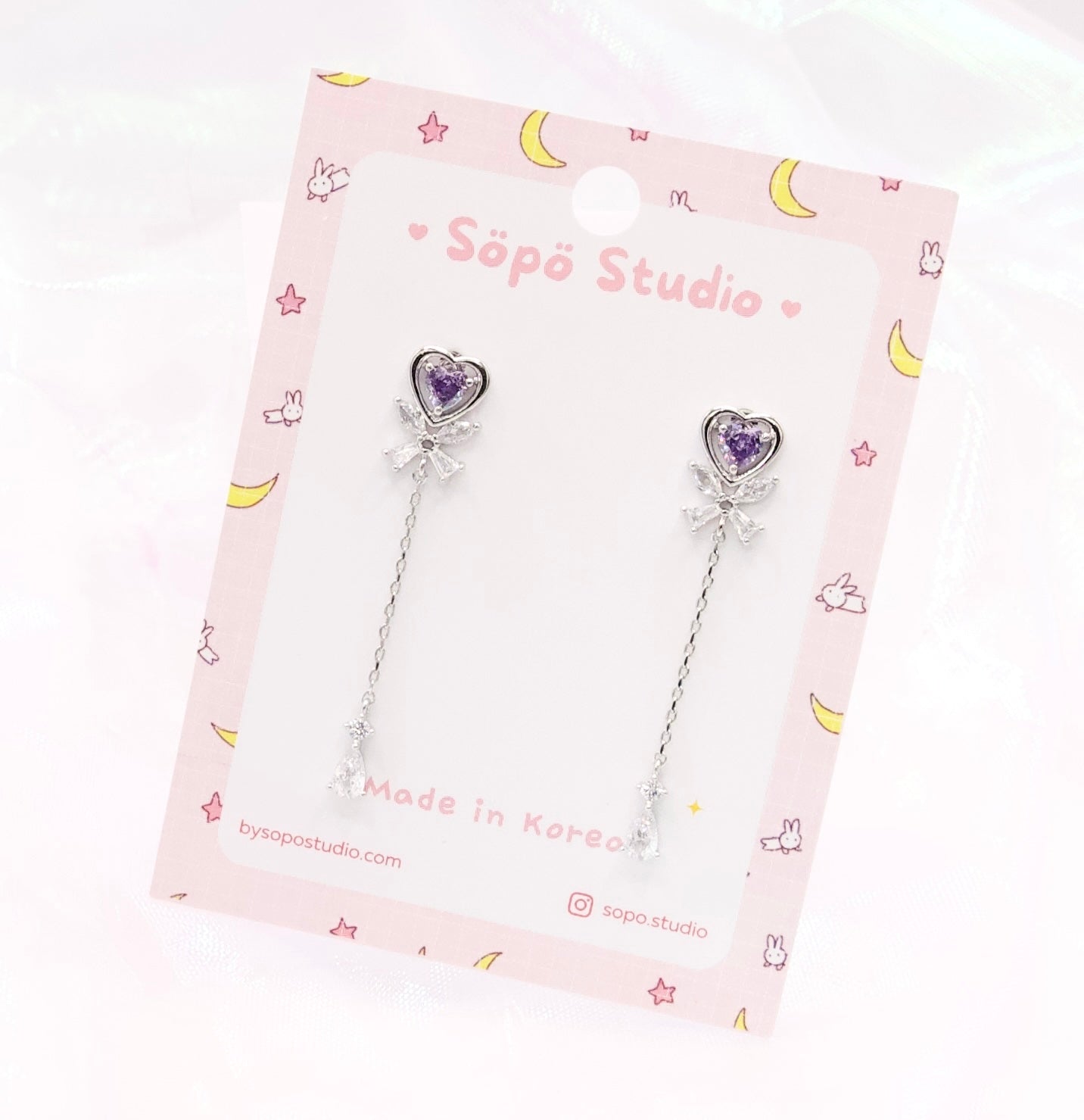 Aurora Purple Crystal Heart Chain Drop Dangle Korean Dainty Style Earrings