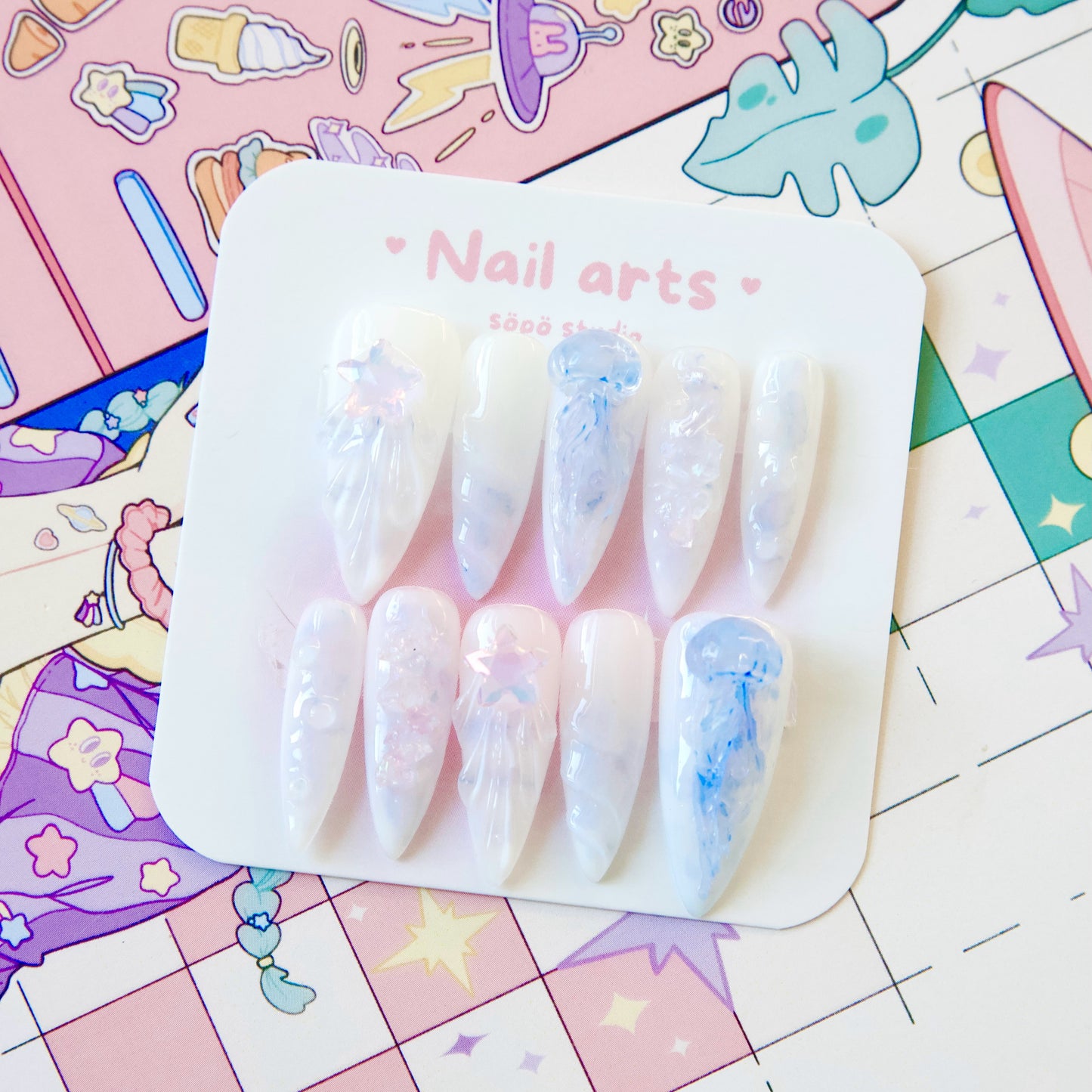Handmade Y2K Blue Jellyfish 3D Gel Oceanic Press-on Nails