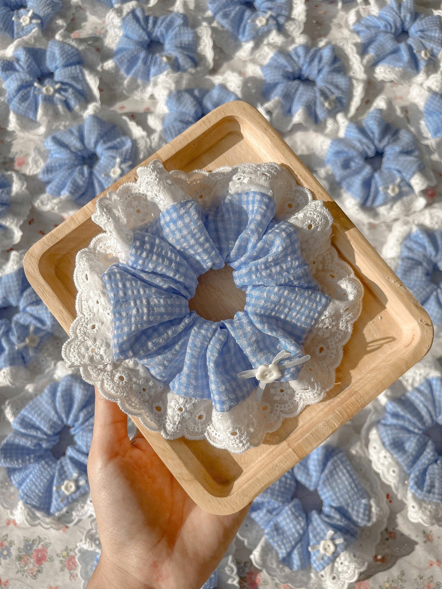 Dreamy Blue Summer Cotton Lace Scrunchie