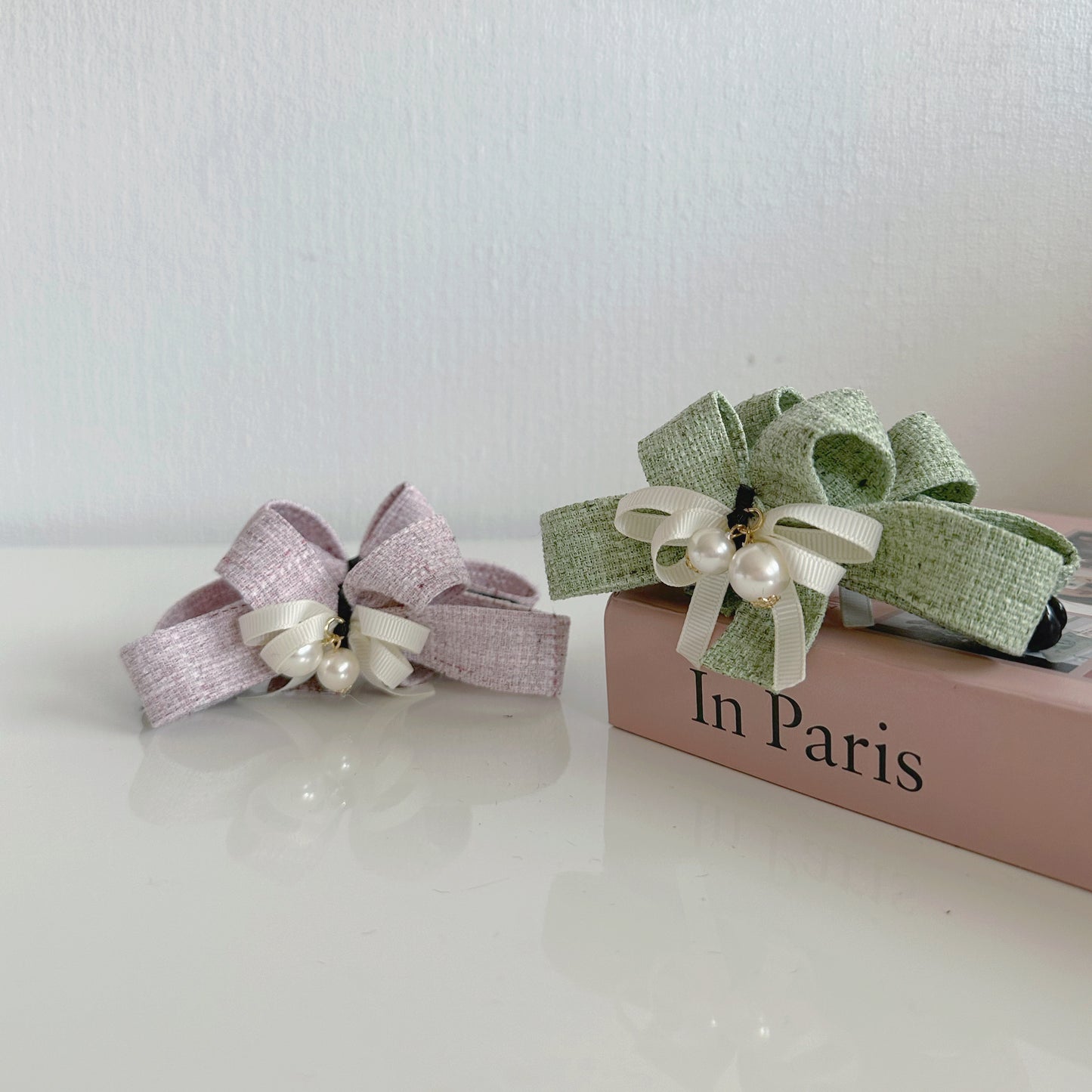 Tweed Elegant Cute Barrette Bow Pearl Drop Design Hair Clips