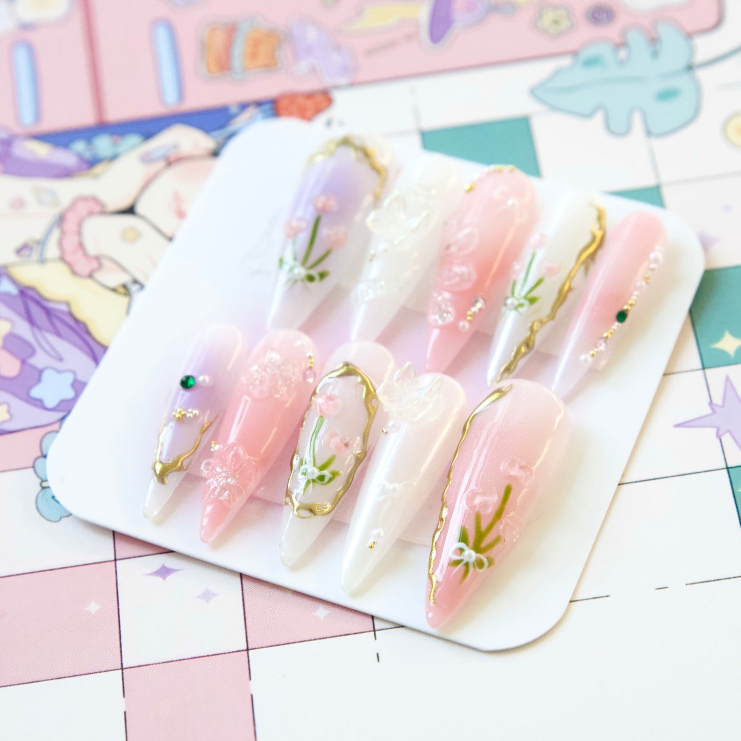 Tulip Pink Purple Princess Hand Draw 3D Gel Handmade Press-on Nails