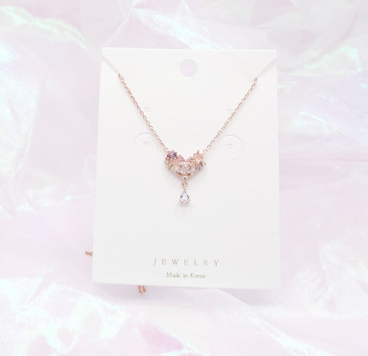 Heart Crystal Drop Elegant Style Korean Necklace - Made in Korea - 2 colors