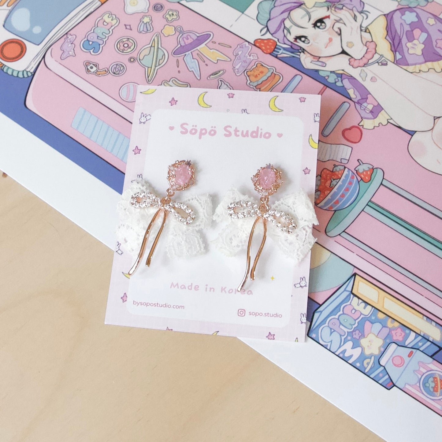 Pastel Pink Stone Laced Ribbon Dangle Korean Earrings