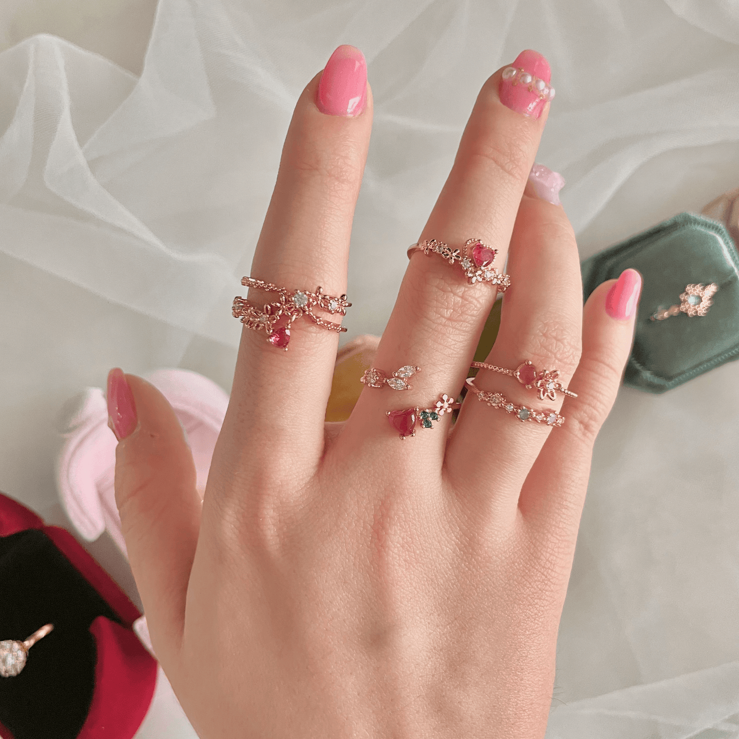 Crystal Drop Flower Layer Adjustable Ring - 2 colors