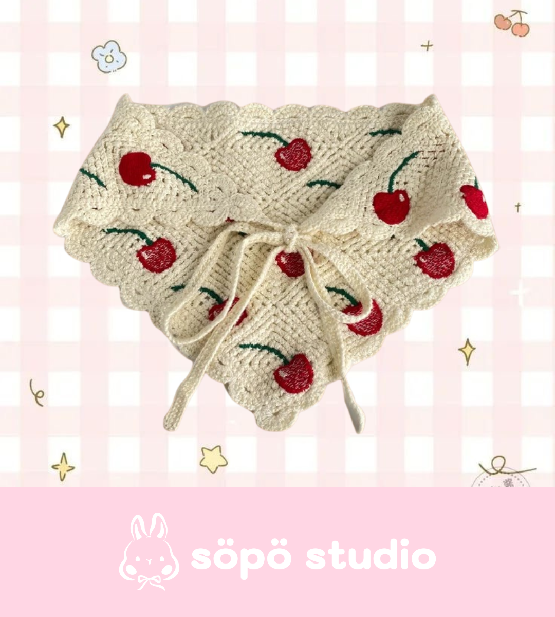 Crochet Triangle Cute Vintage Head Scarf - Cherry
