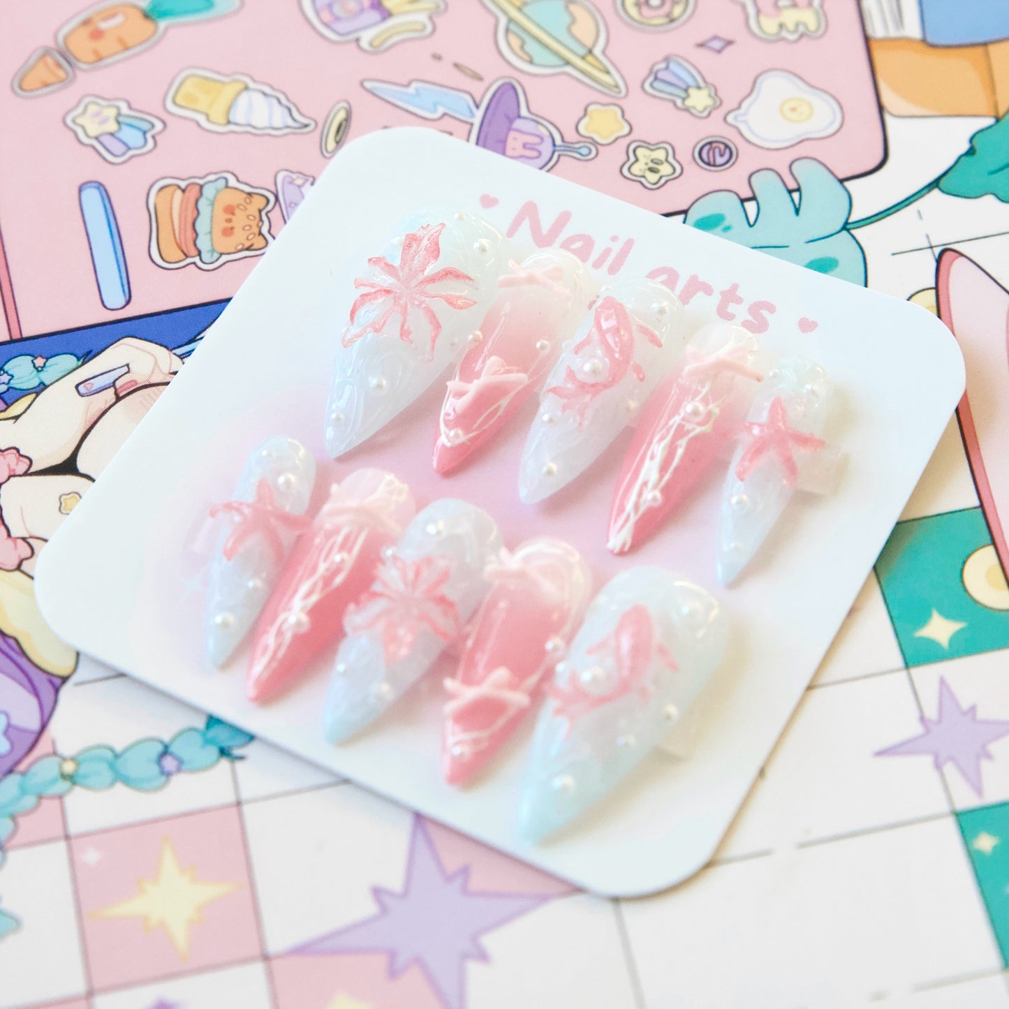 Handmade Y2K Koi Fish Blue Pink 3D Gel Oceanic Press-on Nails
