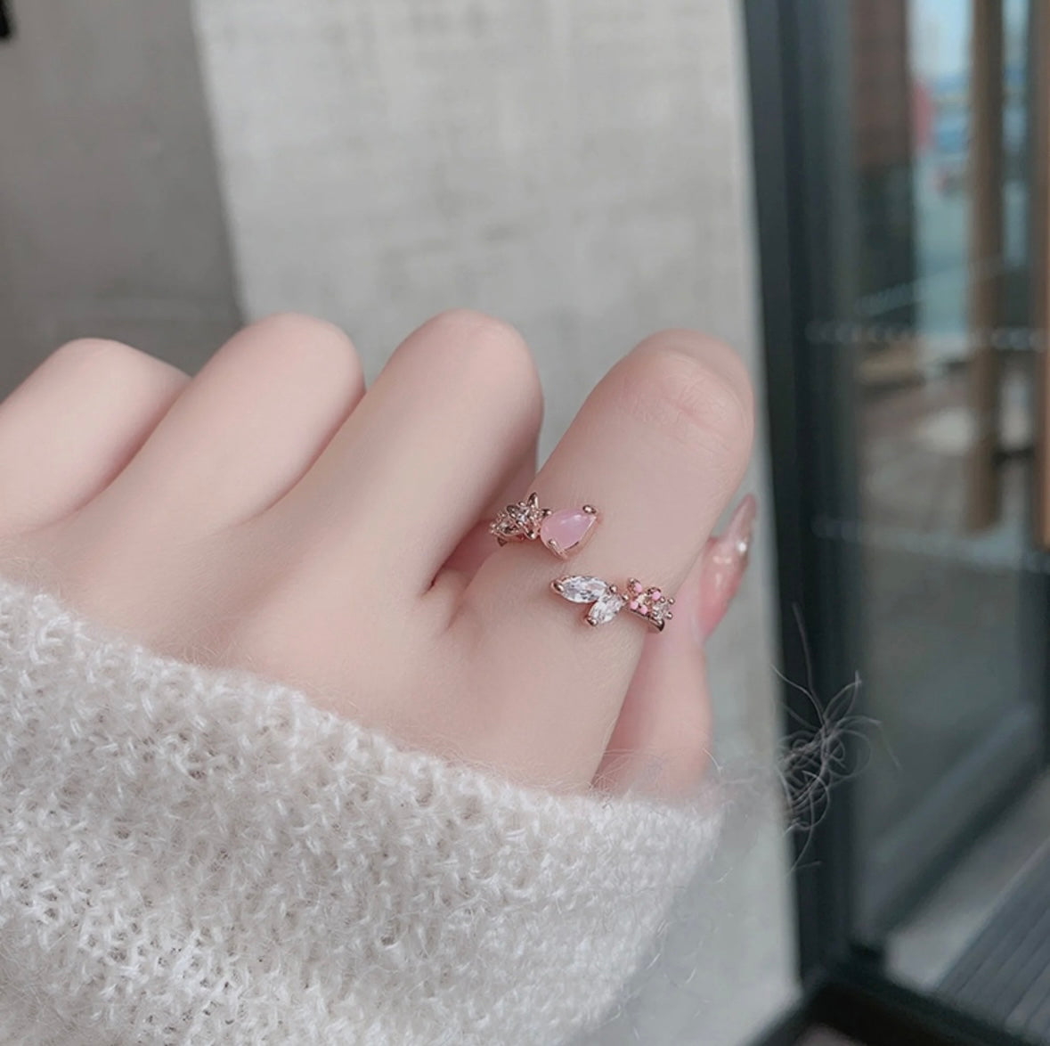 Pastel Pink Flower Cubic Adjustable Ring