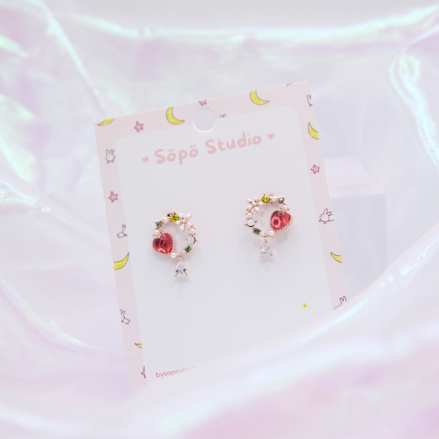 Fairy Garden Flower Wreath Red Heart Studs Earrings