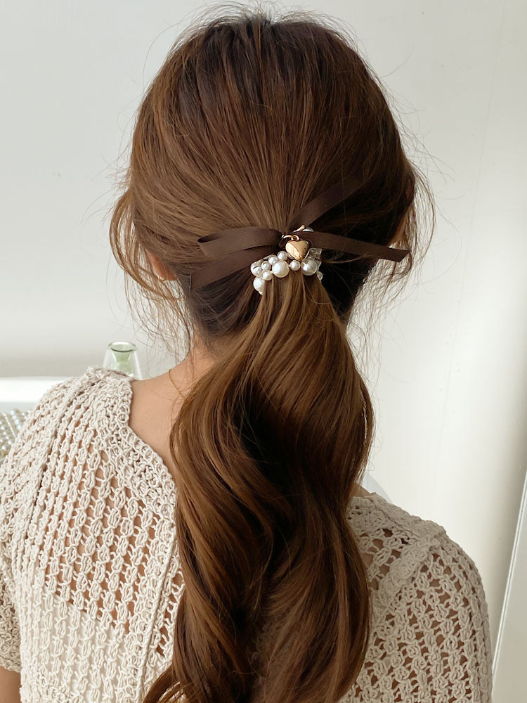 Ribbon Petit Heart Pearl Scrunchie