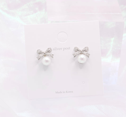 Ribbon Pearl Studs Elegant Bridal Korean Earrings