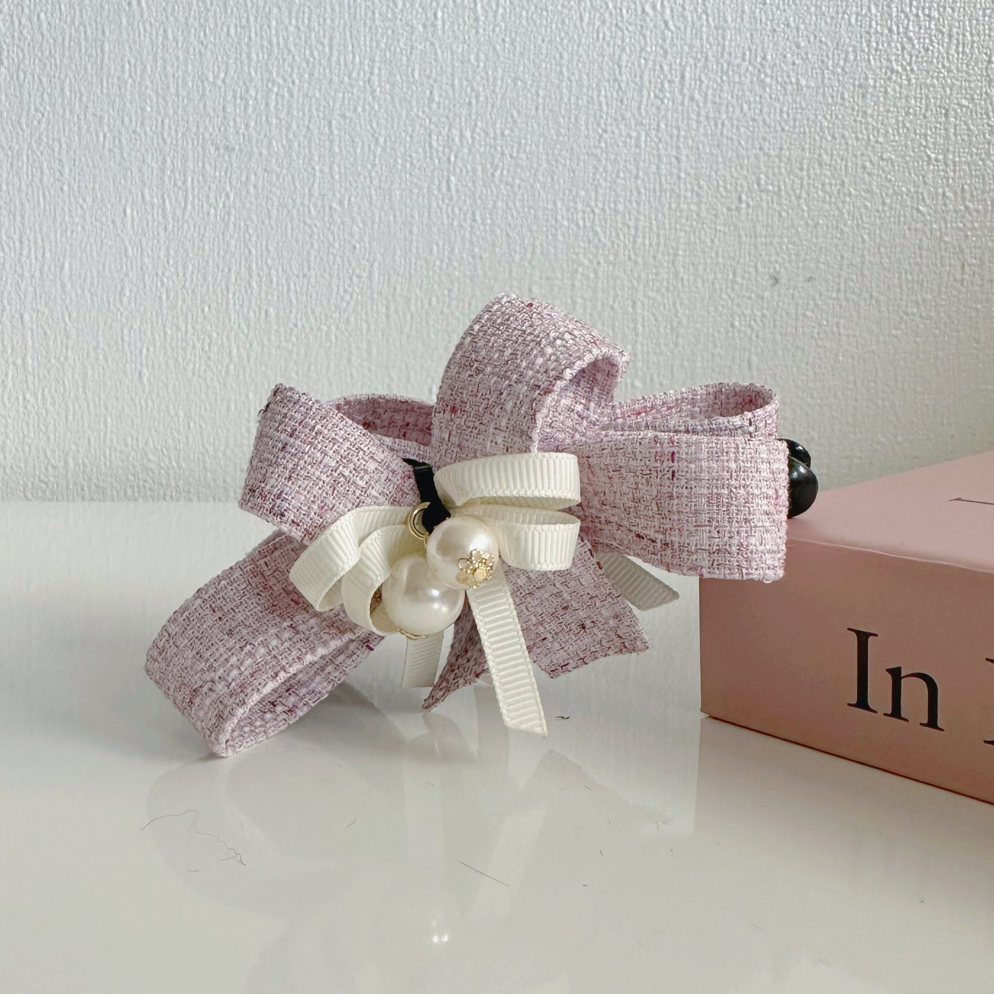 Tweed Elegant Cute Barrette Bow Pearl Drop Design Hair Clips