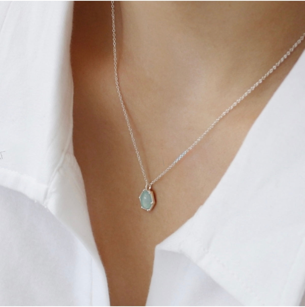 Sterling Silver Natural Stone Elegant Korean Necklace - Aquamarine/Agate Stone