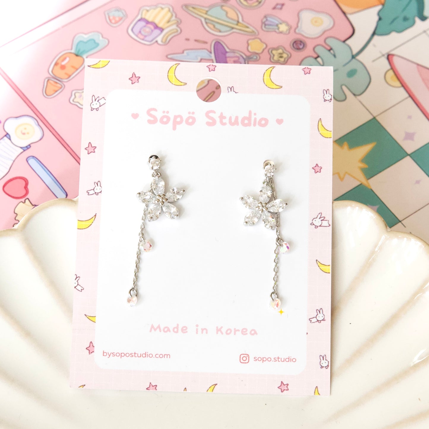 Glass Cubic Flower Chain Drop Korean Earrings
