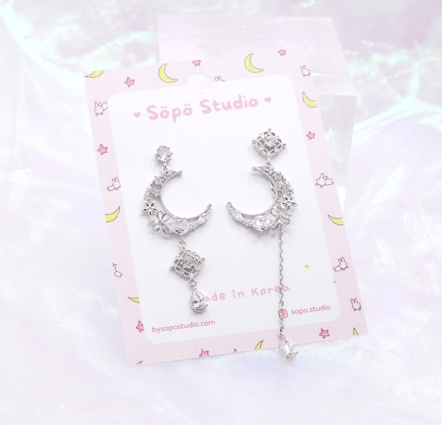 Mis-matched Crystal Moon Chain Drop Dainty Style Dangle Silver Posts Earrings
