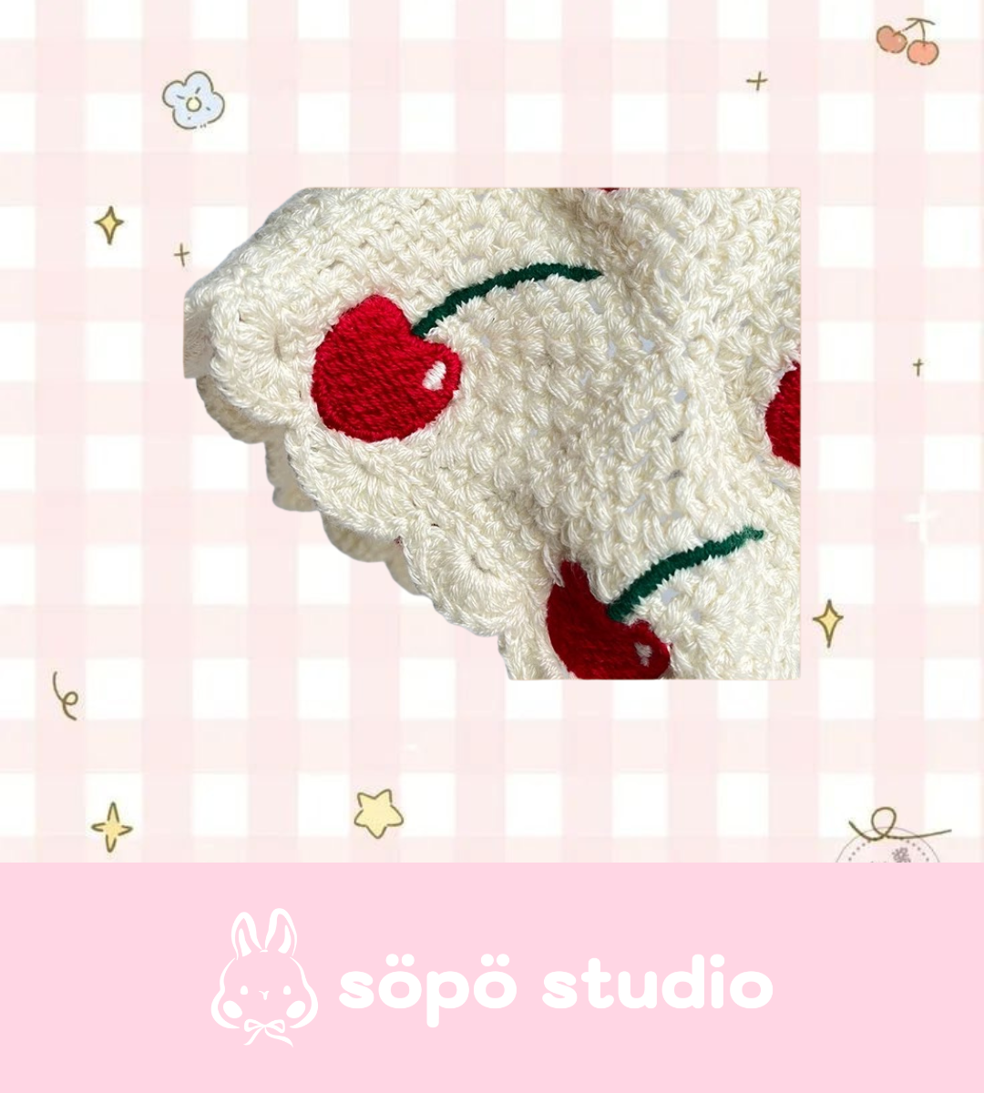 Crochet Triangle Cute Vintage Head Scarf - Cherry