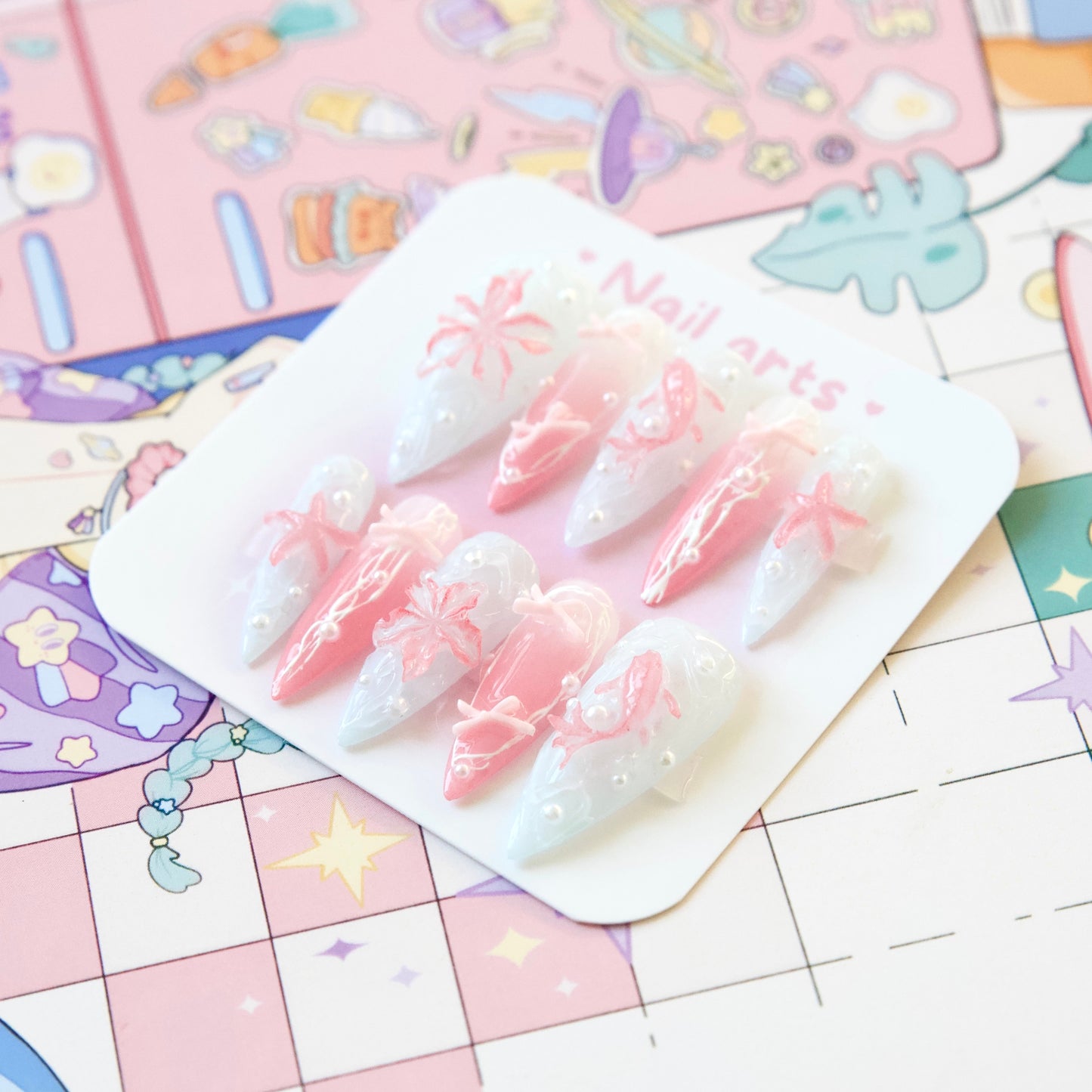 Handmade Y2K Koi Fish Blue Pink 3D Gel Oceanic Press-on Nails
