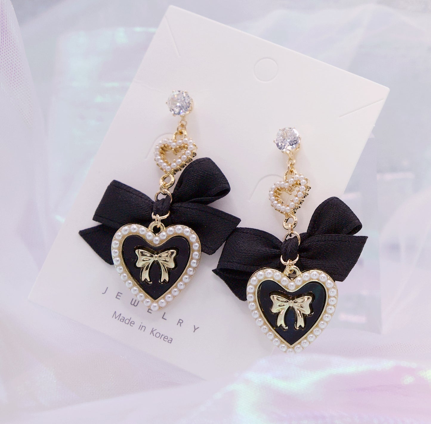 Korean Faux Black Bow Pearl Heart Drop Goth Lolita Earrings
