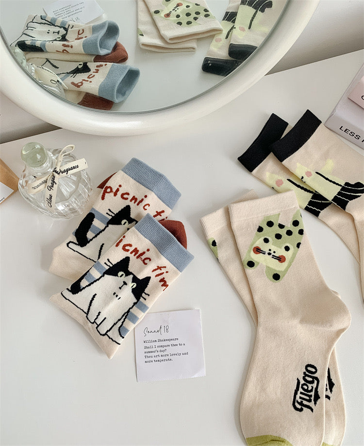 Cute Illustration Cat Bunny High Collar Socks